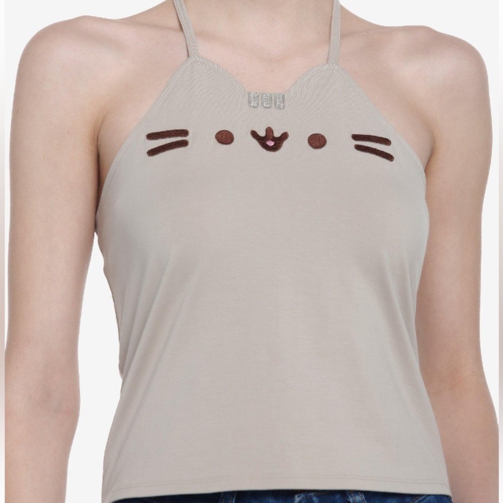 Hot Topic Beige Cat Face Halter Tank Top